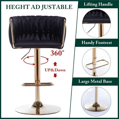 Miniatura 4 de Juego de 2 taburetes de bar giratorios de terciopelo, modernos taburetes ajustables con respaldo, base dorada y reposapiés para cocina, isla, Negro