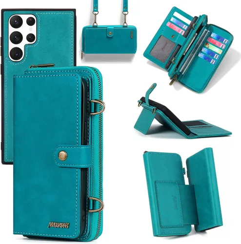 Compatible con Samsung Galaxy S22 Ultra 5G - Funda tipo cartera con correa para el hombro, soporte para tarjetas, multifunción, 2 en 1, funda Verde