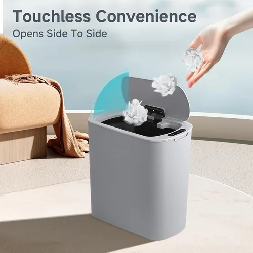 Miniatura 2 de TIPGO - Cubo de basura automático con sensor de movimiento para baño con tapa, basurero táctil de 2.6 galones, papelera de plástico delgada y Gris
