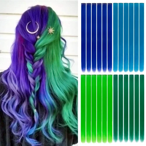 Miniatura 18 de 20 extensiones de cabello con clip de colores para niñas, extensiones de cabello arcoíris multicolor de 20 pulgadas, reflejos instantáneos, piezas