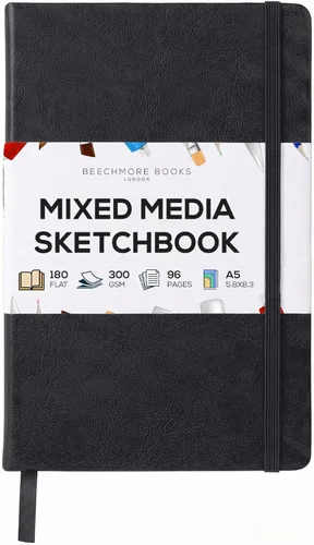 Beechmore Books Cuaderno de bocetos A5 – 14,7x21 cm Cuaderno de bocetos de tapa dura premium de cuero vegano, 96 páginas perforadas de 300 g/m²