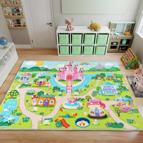 Miniatura 4 de Green Castle - Alfombra infantil para sala de juegos, ultra suave y de pelo bajo, lavable a máquina, antideslizante, para dormitorio de niñas