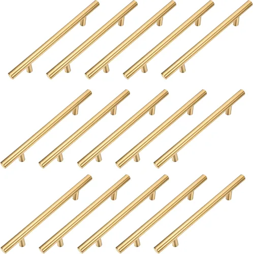 Paquete de 15 tiradores de gabinete de acero inoxidable dorado cepillado en T para muebles, cocina, armario, cajón, manija de puerta (longitud total