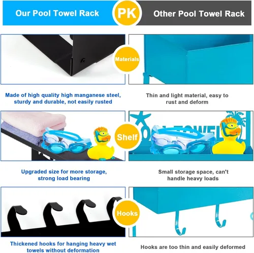 Miniatura 6 de Toalleros de piscina con estante 8 ganchos para piscina, baño, montaje en pared, toallero, soporte para toallas, soporte de acero al carbono