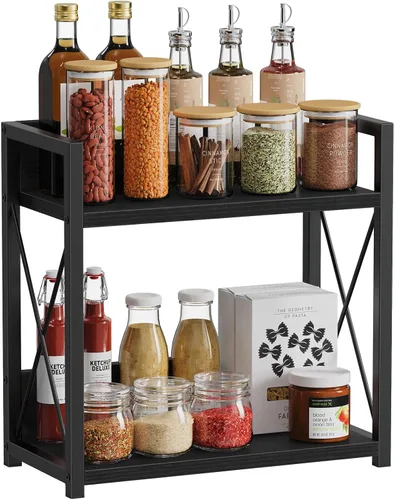 Giikin Organizador de encimera de cocina, organizador de barra de café de 2 niveles, estante de especias negro para encimera, estantes de encimera