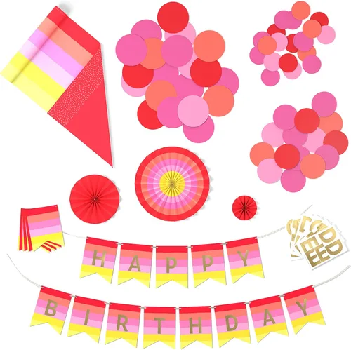 Crayola - Juego de decoraciones de fiesta de colores pop, rojo, naranja, rosa, amarillo (pancarta personalizable, camino de mesa reversible, flores