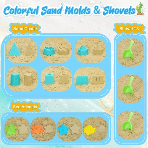 Miniatura 4 de RACPNEL Juguetes de playa plegables para niños, set de 3 cubos de arena y palas plegables con bolsa de malla, cubetas de silicona para elementos