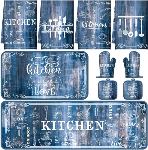 Miniatura 9 de Fourluoo Juego de 10 piezas de decoración de cocina con lazo rosa, 4 paños de cocina a cuadros rosados, 2 soportes para ollas, 2 guantes de horno, 2