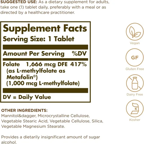 Miniatura 2 de Solgar Folato 1000 mcg - 120 tabletas - 1000 mcg de metafolina bio-activa - vegano, sin gluten, sin lácteos, Kosher - 120 porciones