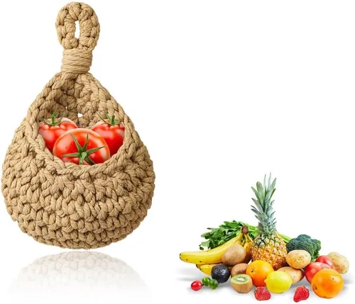 Cesta colgante de frutas para cocina, cesta de frutas para colgar en la pared, cesta de frutas y verduras tejida a mano, cesta colgante de yute