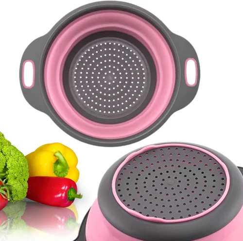 Miniatura 15 de Colador redondo de silicona azul plegable – Colador de cocina plegable pequeño colador plegable azul con asas de plástico para drenar verduras