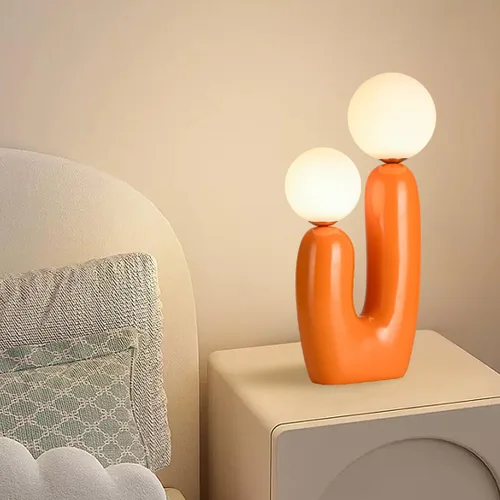 Lámpara de mesa moderna naranja en forma de cactus con 2 luces, lámpara de seta, esfera de leche blanca de vidrio, lámparas de mesa bonitas de