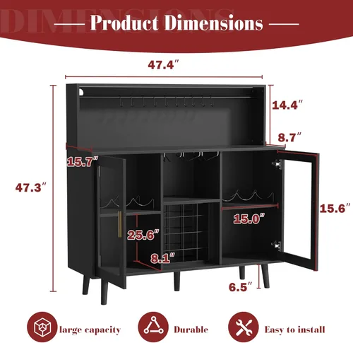 Miniatura 2 de MAGIC UNION Gabinete de bar de vinos con luz LED, barra de café para licor, gabinete de alcohol con estante de vidrio y estantes de vino extraíbles