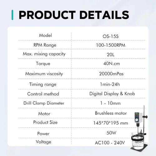 Miniatura 5 de LAB FISH Agitador de laboratorio Varilla de agitación y soporte de acero inoxidable Mezclador velocidad ajustable 100-1500RPM Capacidad 20L