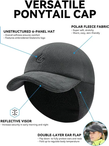 Miniatura 2 de Gisdanchz Sombrero de cola de caballo elástico reflectante de invierno para mujer con solapa desplegable para las orejas