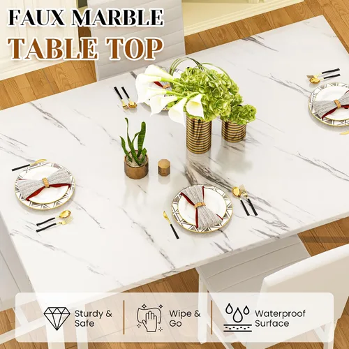 Miniatura 5 de Juego de mesa de comedor Hooseng para 4, juego de mesa de cena de 5 piezas con mármol sintético y 4 sillas tapizadas de cuero PU, juego de mesa