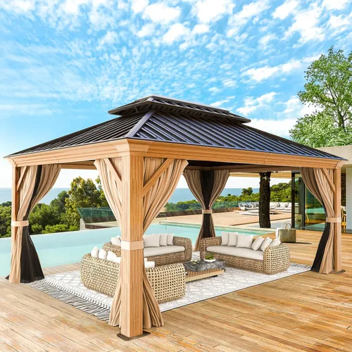 Miniatura 20 de YOLENY Cenador de techo duro de 10 x 13 pies, toldo de policarbonato para exteriores con techo doble, pabellón permanente de aluminio con cortinas