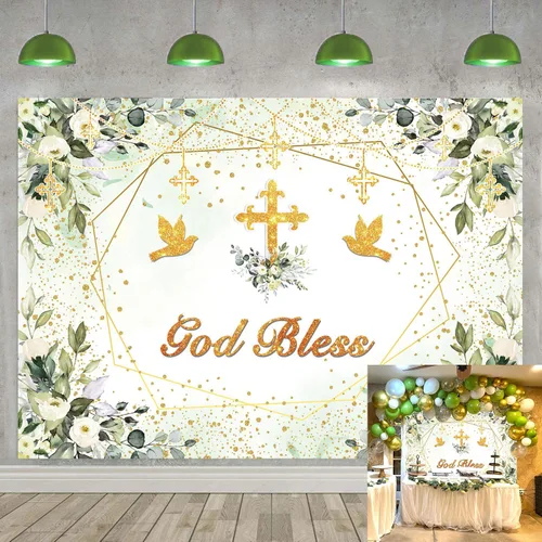 Miniatura 12 de Fondo verde y dorado para bautizo, decoración de fiesta de primera comunión, fondo de fotografía de bautizo, 7 x 5 pies (82 x 59 pulgadas)