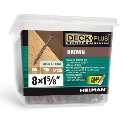 Deck Plus Tornillos para Madera Exterior y Cercas con Revestimiento Epoxi de 1-5/8 Pulgadas #8 x 1-5/8" Torx/Star Drive Incluido Rosca Gruesa, Marrón