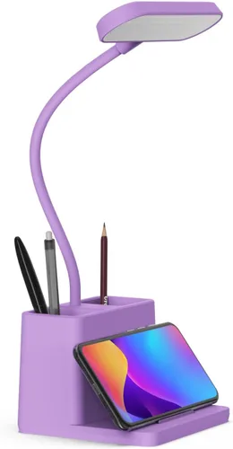 AXX Bonita lámpara de escritorio morada, luz de mesa de estudio recargable para oficina en casa, pequeña, funciona con pilas, LED, cuello de cisne
