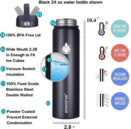 Miniatura 3 de SENDESTAR Botella de agua aislada de 24 onzas, boca ancha, botella de agua de 24 onzas con tapa con popote, tapa de boquilla, acero inoxidable