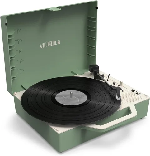 Victrola Re-Spin Reproductor de discos de vinilo, maleta, sostenible, 3 velocidades (33 1/3, 45 y 78 RPM), Bluetooth, correa, radiador de graves