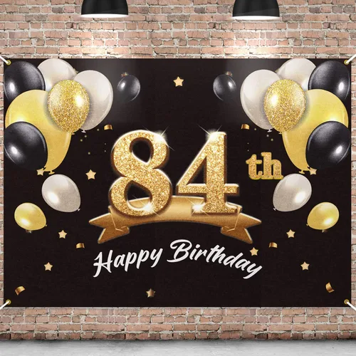 Telón de fondo de pancarta de feliz cumpleaños 84, suministros de decoración de fiesta de cumpleaños 84 para hombres, color negro y dorado, 4 x 6
