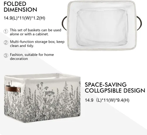 Miniatura 2 de Blueangle Cesta de almacenamiento rectangular de flores blancas y negras, 15 x 11 x 9.5 pulgadas, cesta organizadora plegable para decoración