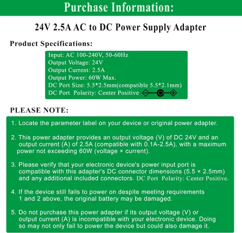 Miniatura 2 de Adaptador de fuente de alimentación de 24 V 2.5 A, apto para tira de luz LED de 24 voltios, DC24V Samsung SoundBar HM45C HW-F350, 24 Vdc Logitech