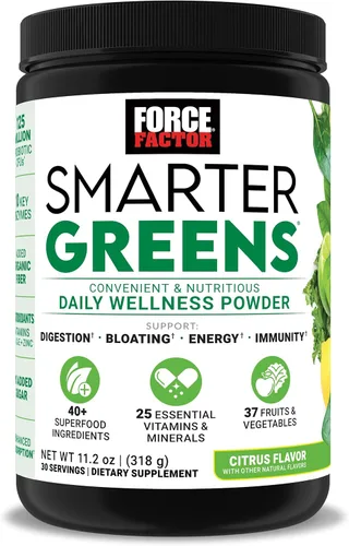 Force Factor Smarter Greens Daily Wellness Powder - Polvo de bienestar diario de superalimentos verdes para apoyar la salud intestinal, hinchazón y