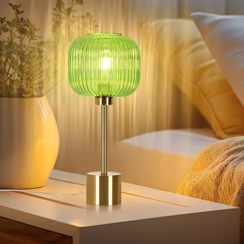 Miniatura 5 de Lámpara de mesa de cristal verde con 3 vías regulable y control táctil, lámpara de mesita de noche vintage moderna de mediados de siglo