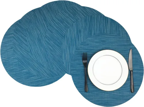 Miniatura 22 de WAZAIGUR Juego de 4 manteles individuales redondos de vinilo tejido fáciles de limpiar, resistentes al calor, manteles para mesa de cocina de 15 Azul