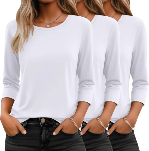 Miniatura 6 de Ficerd Paquete de 3 camisetas de manga 3/4 para mujer, cuello redondo, camisetas básicas elegantes, casuales, modernas, holgadas