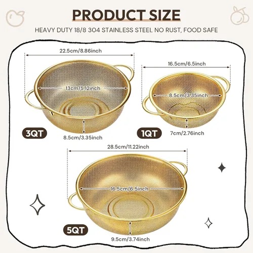 Miniatura 3 de Baderke Colador de metal dorado de acero inoxidable con asa, colador dorado para cocina, drenaje, pasta, enjuague, verduras, arroz, alimentos, 3