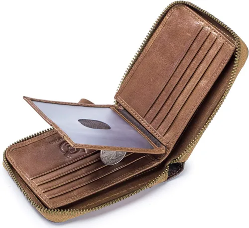 Miniatura 4 de BULLCAPTAIN Cartera de cuero genuino con cremallera para hombre bloqueo RFID cremallera segura y plegable alrededor de carteras cartera