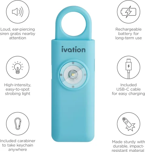 Miniatura 6 de Ivation Alarma SOS recargable personal, tamaño de bolsillo, 130 dB, sirena de seguridad de sonido y luz LED estroboscópica de pánico con mosquetón