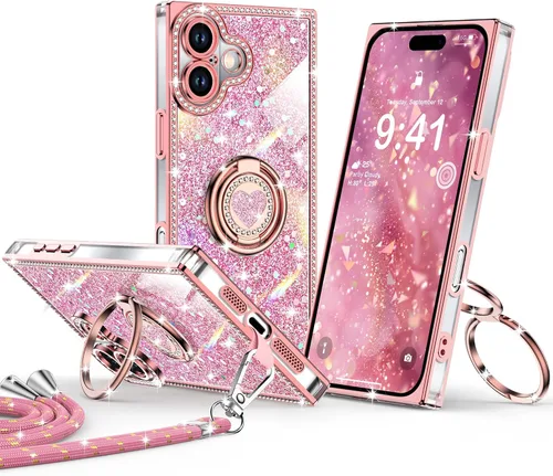 Miniatura 41 de XYZ Funda para iPhone 13, con purpurina brillante con soporte de corazón de 2 anillos y cordón, funda protectora a prueba de golpes con diamantes