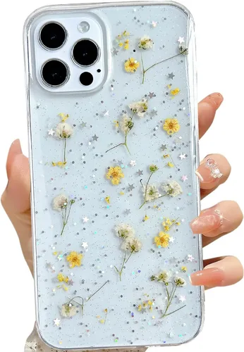 Miniatura 56 de LSEEKA Funda transparente para iPhone 13 Mini/iPhone 12 Mini con diseño de flores reales prensadas, con purpurina, bonito patrón floral blanco, Oro