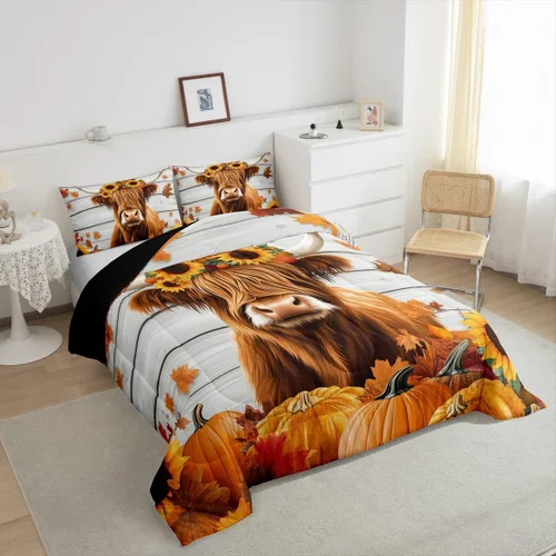 Miniatura 4 de Erosebridal Juego de edredón individual de pavo de Acción de Gracias, juego de ropa de cama de calabaza con hojas de otoño para niños y adultos