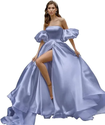 Fanciest Vestidos de fiesta de satén de manga hinchada 2024 con abertura, vestidos largos de baile para mujer, vestidos de noche formales