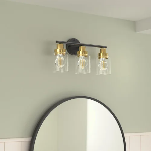 Miniatura 5 de Ldeco Luces de tocador de 3 luces para baño, lámpara de baño negra y dorada con pantalla de vidrio transparente de burbujas, luces modernas