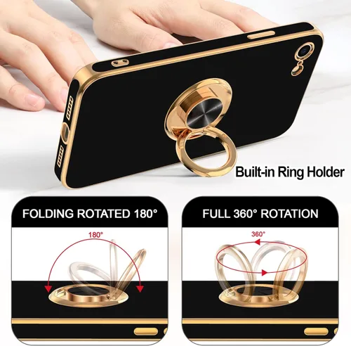 Miniatura 4 de Hython Funda para iPhone SE 2022, iPhone SE 2020, iPhone 7, iPhone 8 con soporte de anillo soporte magnético, chapado en oro rosa, TPU suave, Negro