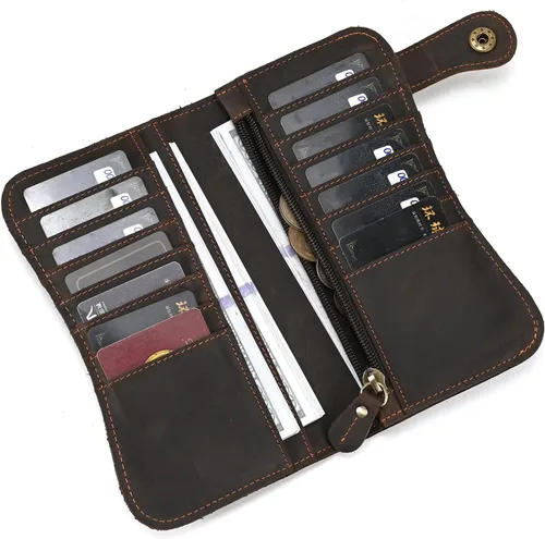 Miniatura 6 de Cartera larga de cuero genuino para hombre, cartera con tarjetero y bolsillo para monedas