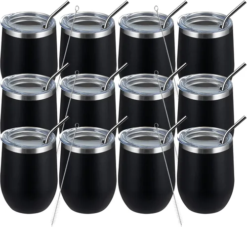 MEWAY Vasos Tumbler de Vino de 12oz/Paquete de 12 con Tapa - Taza Tumbler de Viaje de Acero Inoxidable al Vacío de Doble Pared, Copa de Vino Aislada