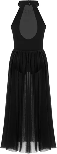 Miniatura 2 de FEESHOW Vestido de baile lírico con cuello alto falso para niñas, falda de malla transparente, trajes modernos de baile