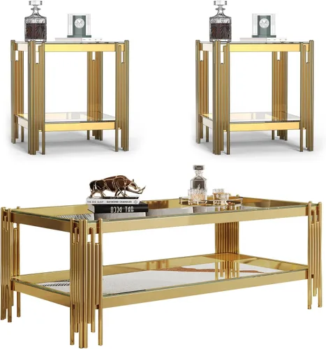 Miniatura 39 de Mesa auxiliar rectangular de vidrio de 48 pulgadas, mesa de centro de 2 niveles con parte superior de vidrio templado negro, patas de acero