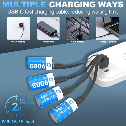 Miniatura 3 de Artman - Paquete de 4 baterías recargables de litio C, baterías de celda C de 1.5 V con cable de carga USB-C 2 en 1, batería de iones de litio