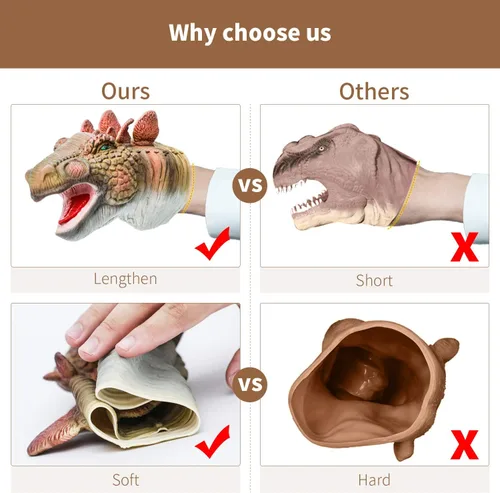 Miniatura 6 de Yolococa Marionetas de mano de dinosaurio, juego de marionetas de animales de látex de 3 piezas con T Rex, triceratops y estegosaurio para contar