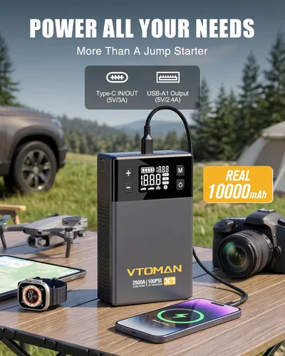 Miniatura 5 de VTOMAN X1 Arrancador con compresor de aire, arrancador de batería de coche (2500A, hasta 8.5L de gasolina/6L de motor diésel) con inflador