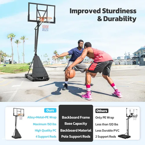 Miniatura 8 de Yohood - Canasta de baloncesto portátil para exteriores con tablero de 44/48 pulgadas, sistema de meta ajustable rápidamente a 10 pies con ruedas